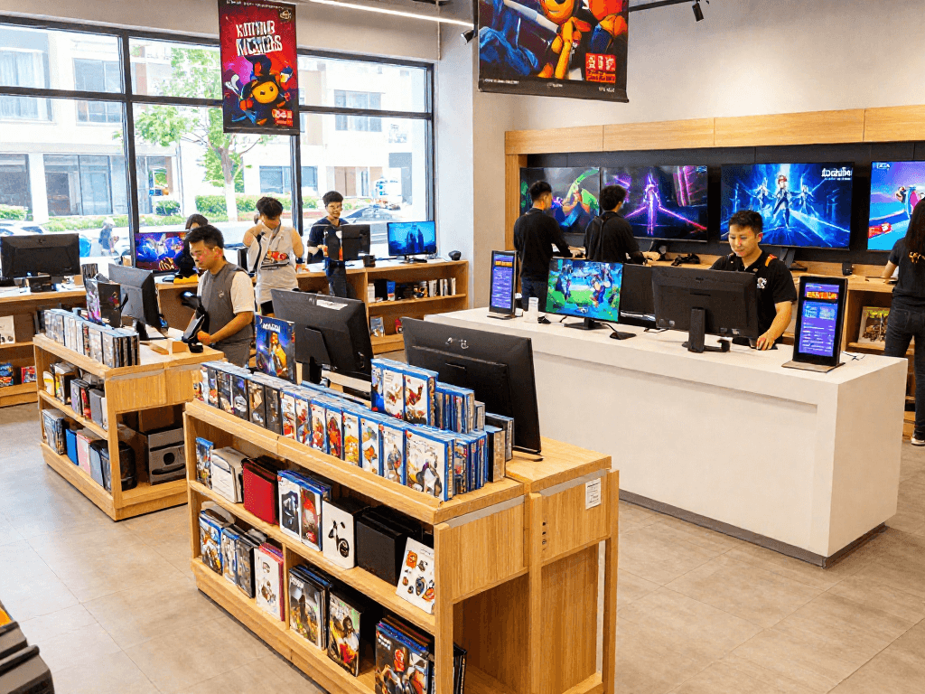 rokok88 game store browsing experience with vibrant shelves and happy gamers