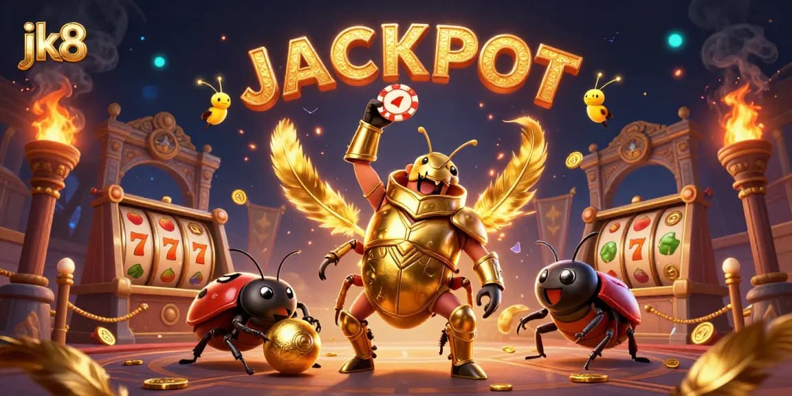 Experience the excitement of jk8 with a victorious beetle and vibrant casino elements.