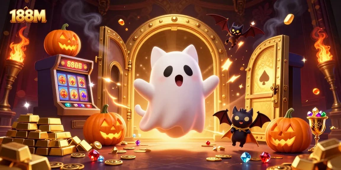 Engage in thrilling fun with 188M's ghostly cat at a vibrant casino adventure.