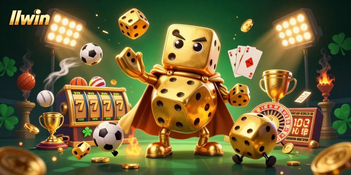 Experience the thrill of winning with llwin's massive golden dice character surrounded by dynamic casino symbols.