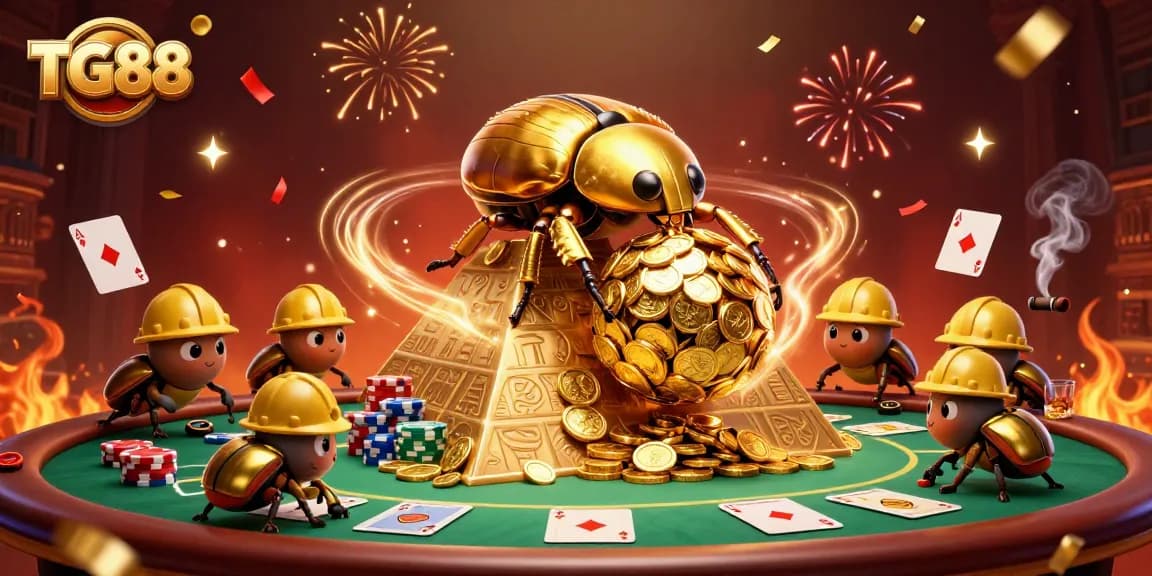 Engaging scene featuring TG88 with a gold dung beetle and casino gameplay elements.