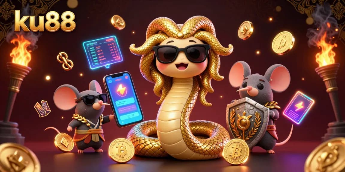Engage with ku88's dynamic crypto casino scene showcasing Medusa and a warrior mouse.