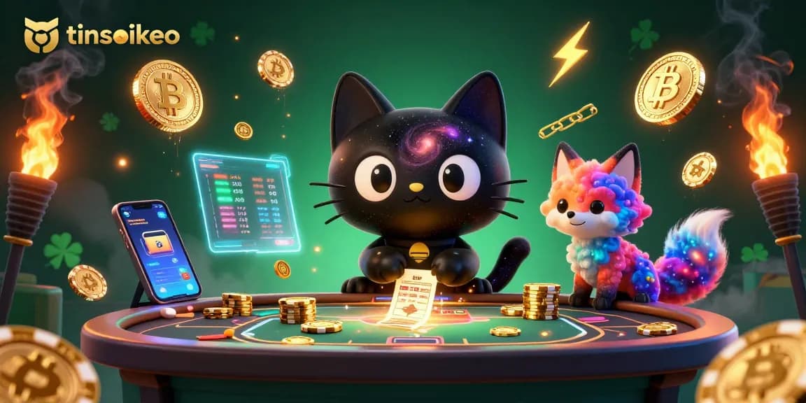 Engage in thrilling sports betting at tinsoikeo, featuring exciting colorful characters and crypto elements.