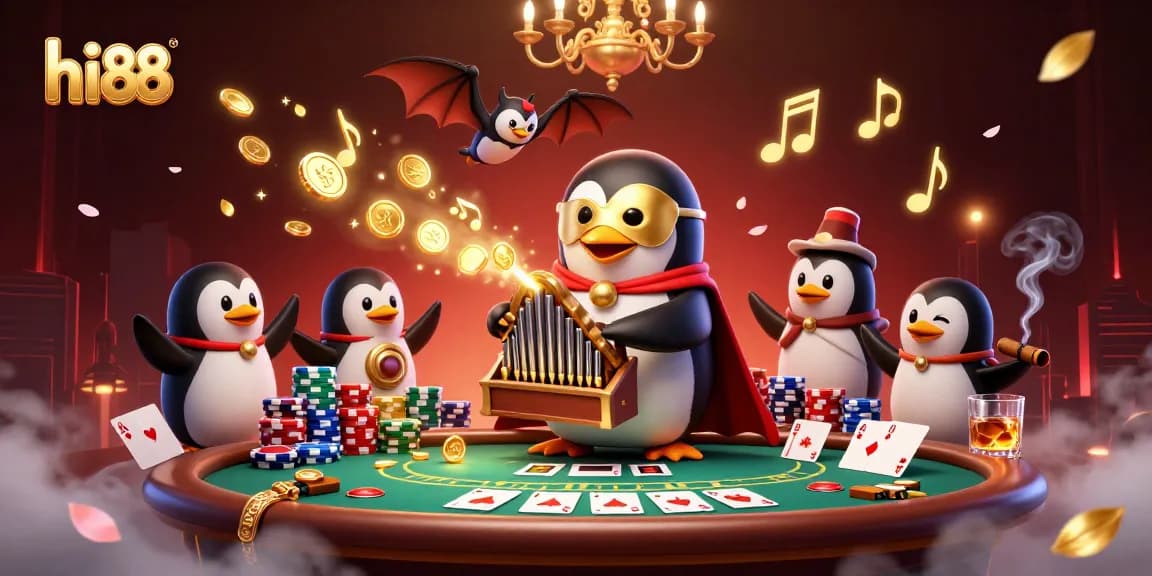 hi88 brings excitement with a glamorous casino scene featuring a penguin playing organ and poker elements.