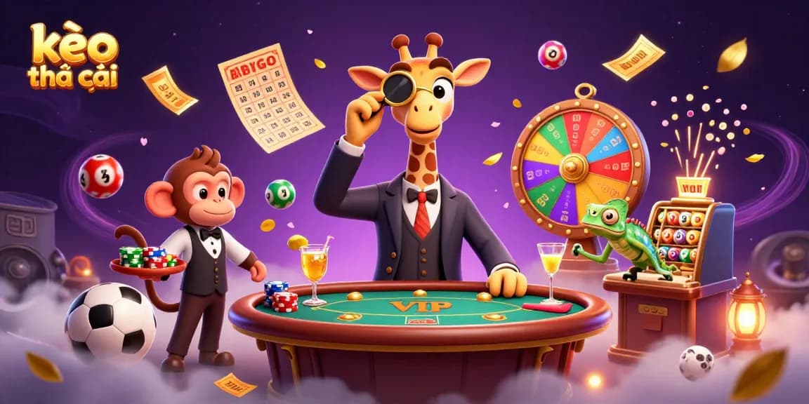 Engage with kèo nhà cái action in a vibrant 3D casino scene featuring a high-roller giraffe and lively elements.