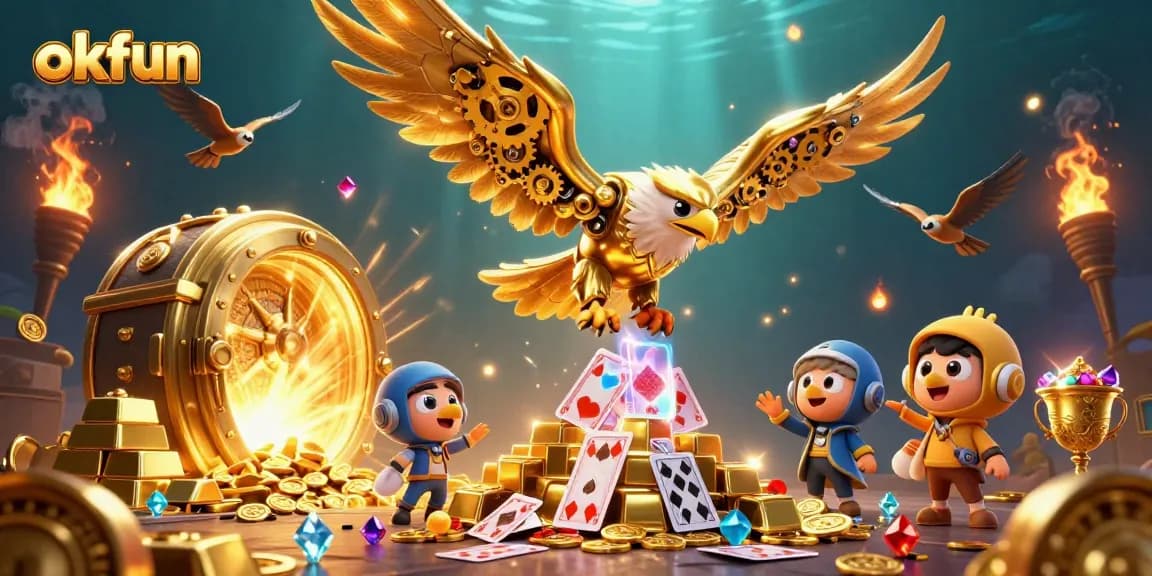 Experience thrilling wins at okfun casino with a cybernetic eagle diving through holographic cards and treasures.