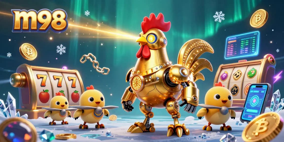 Engage with m98 casino's thrilling slots adventure featuring a futuristic golden rooster and chick drones.