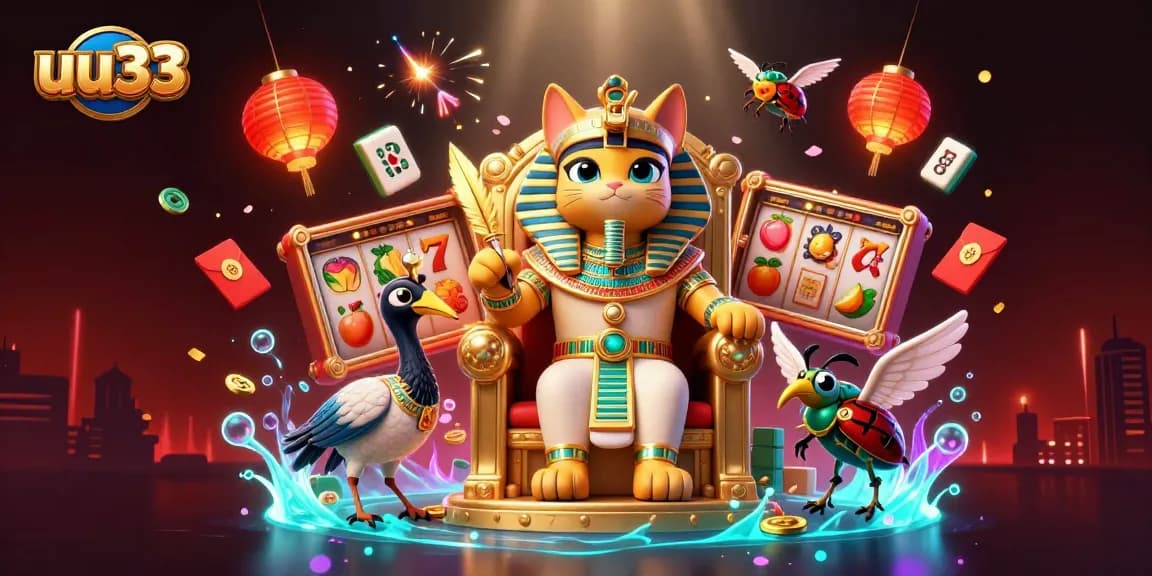Enhance your gaming experience with uu33's vibrant 3D casino scene showcasing slot symbols and a royal Egyptian theme.