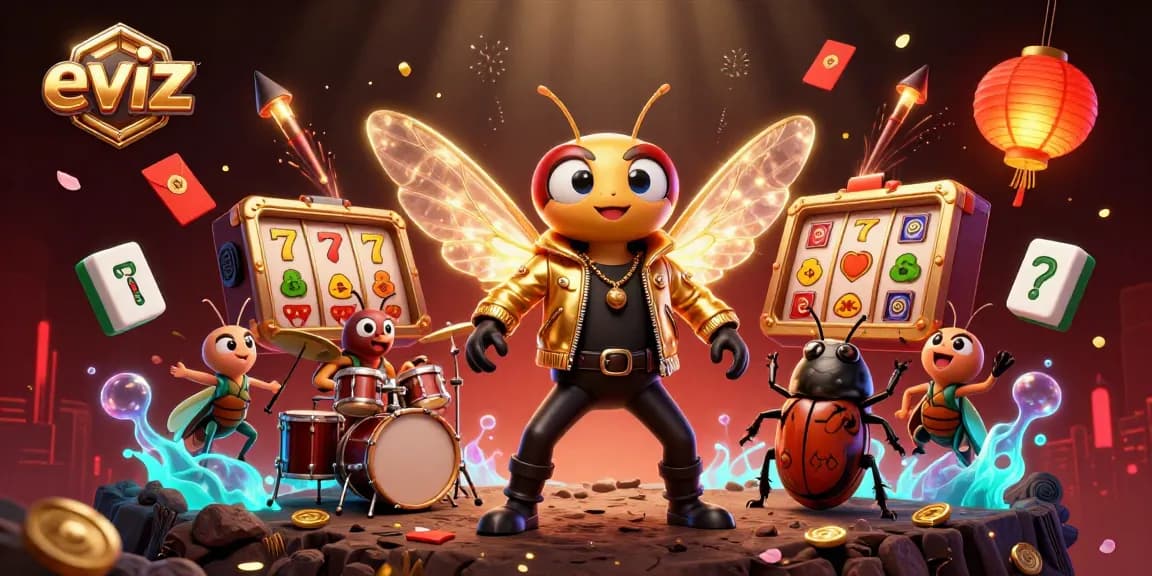 Experience exciting gameplay at eviz with a vibrant casino scene featuring animated characters and gaming elements.