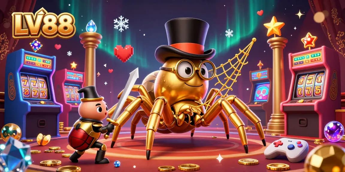 Join the excitement at LV88 with a bold beetle knight and a lavish golden tarantula in a 3D casino scene.