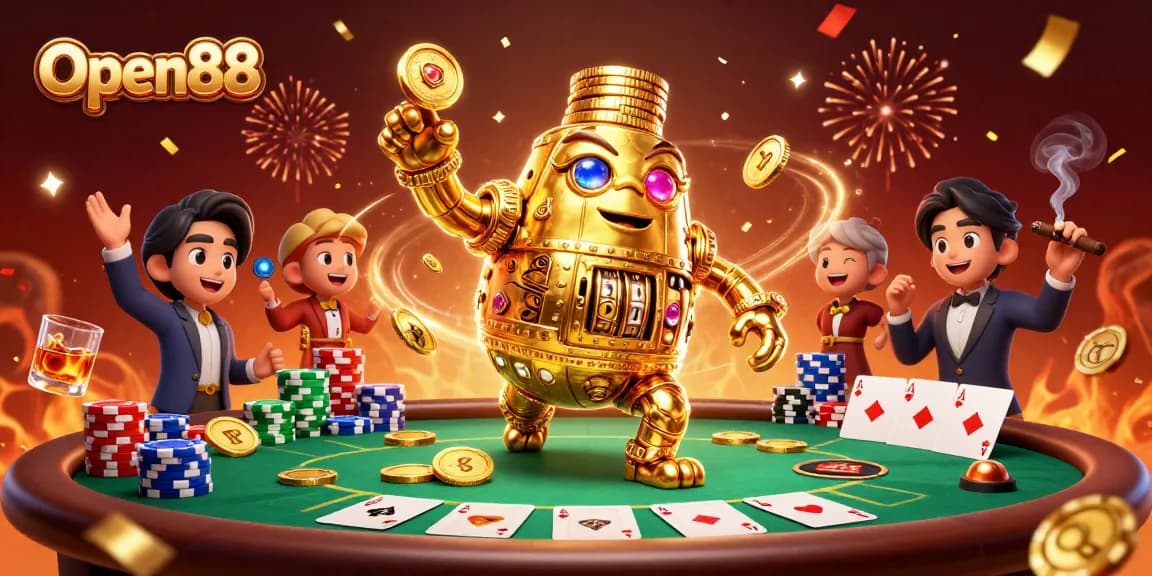 Experience the excitement of Open88 with a golden golem, poker chips, and dazzling casino atmosphere.
