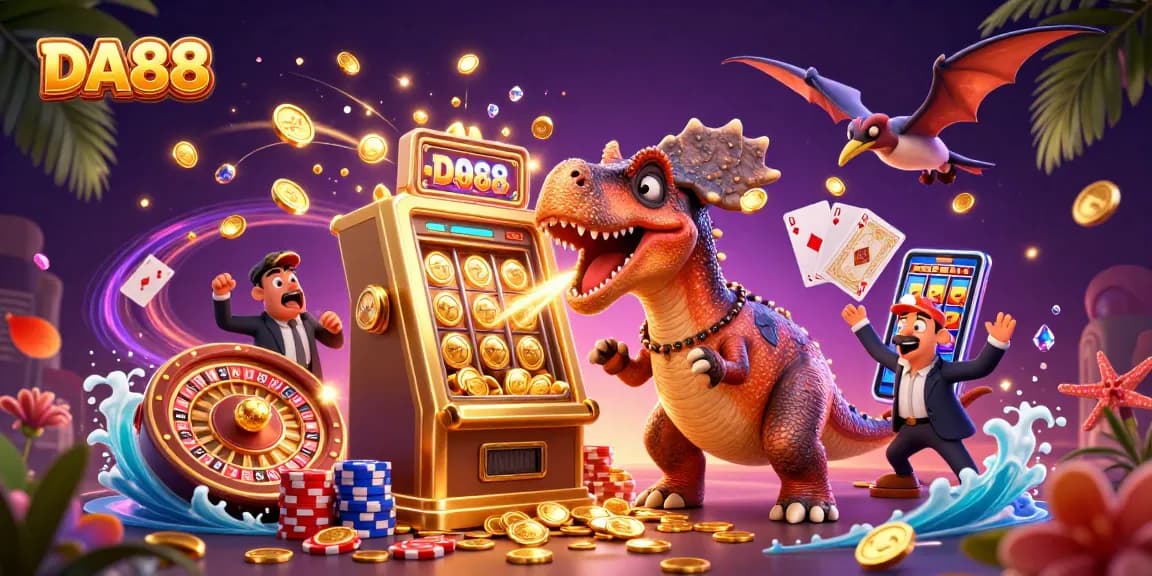 DA88 brings excitement alive as a dinosaur headbutts a golden slot machine in this vibrant casino scene.