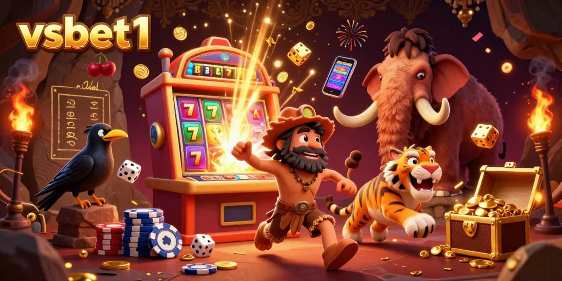 Experience excitement at vsbet1 with an animated casino featuring a caveman, tiger, and crow amidst bursting jackpots and thrilling game icons.