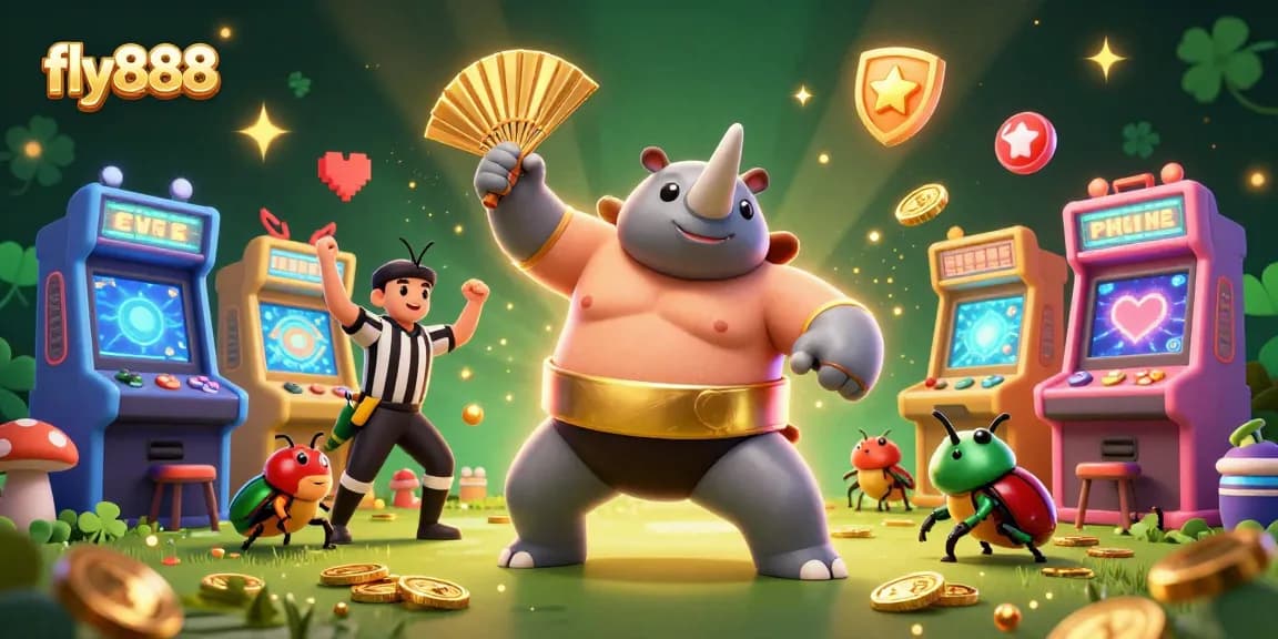 Experience the exhilarating casino adventure with fly888, featuring beetle champions and glowing game elements.