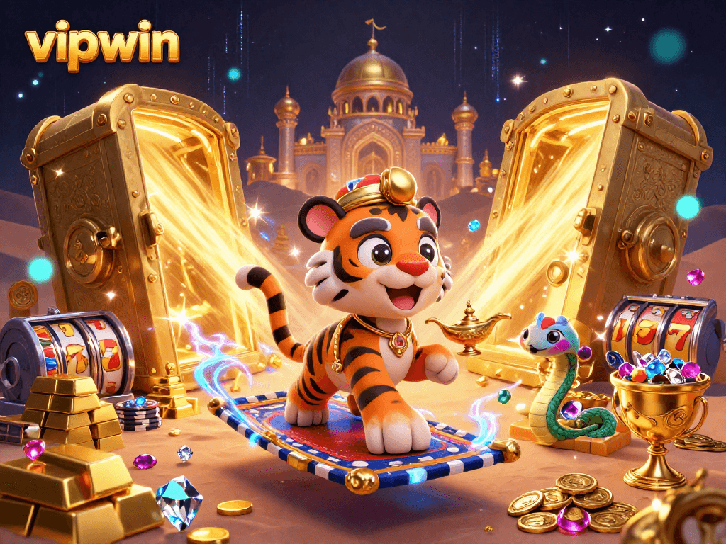Play at vipwin with a dazzling 3D casino scene showcasing vibrant characters, gold treasures, and thrilling slots!
