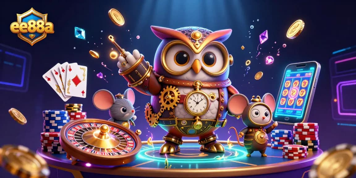 Experience gaming excitement with ee88a, featuring a mystical steampunk owl, holograms, and vibrant casino elements.