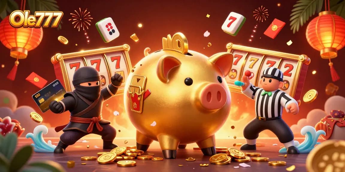 Experience the thrill of Ole777 as a golden piggy bank sumo wrestler unleashes a flurry of coins in a vibrant casino scene.