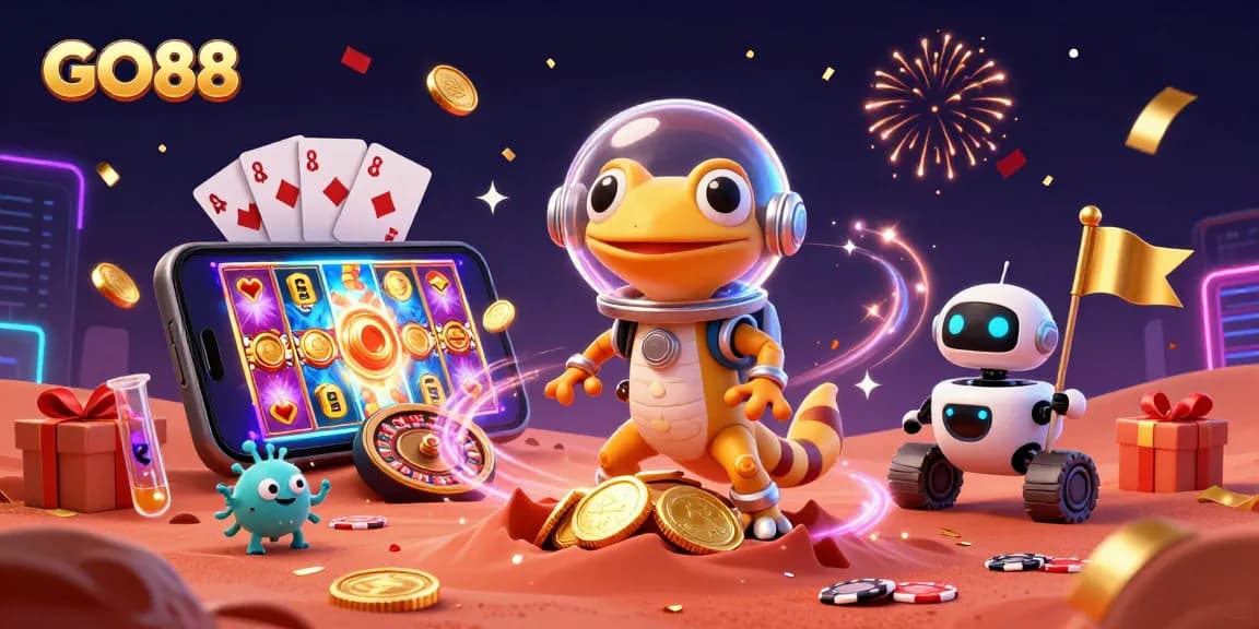 Experience the excitement of GO88 with a Martian gecko uncovering a golden casino adventure!