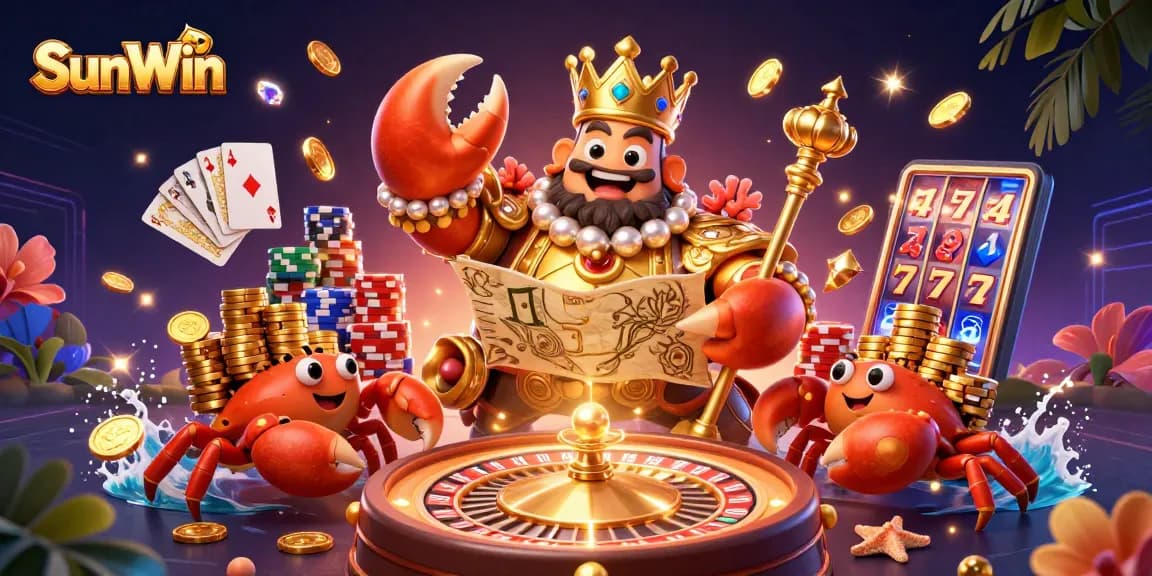 Experience exciting wins at SunWin with a golden crab emperor amidst cascading riches and colorful casino elements.