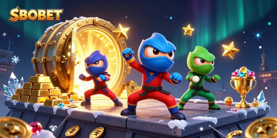 SBOBET ninjas showcasing their skills amidst gold treasures in this dynamic casino illustration.