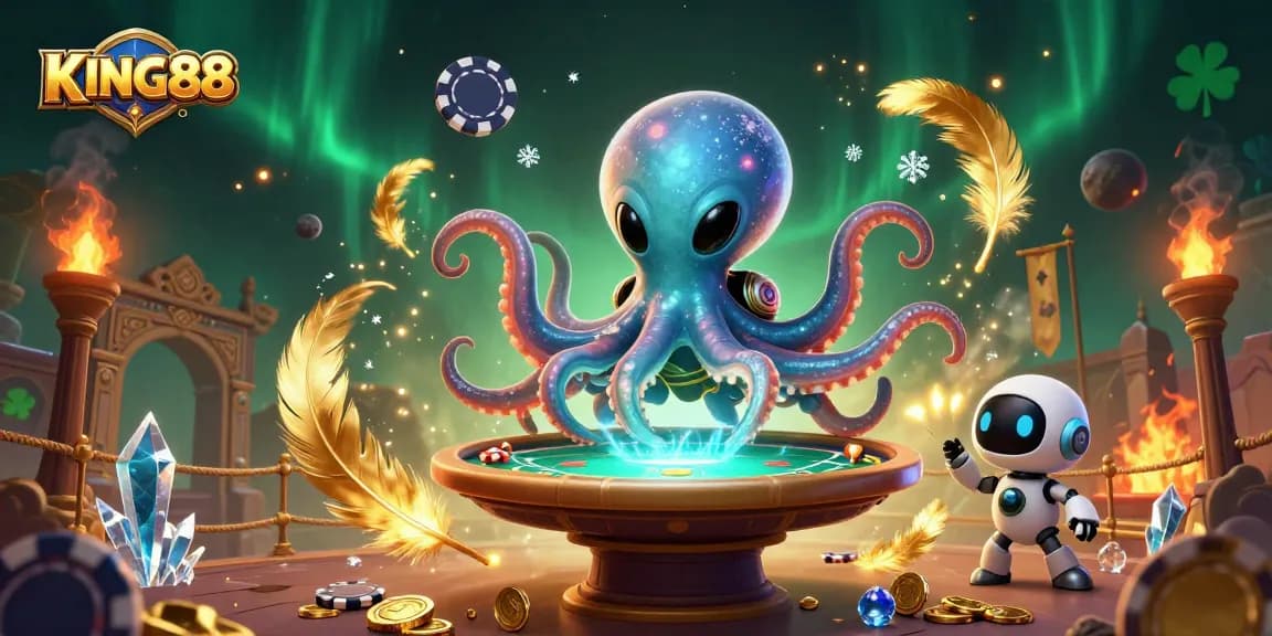 Join the excitement at KING88 with a vibrant 3D scene featuring an alien octopus engaging in thrilling poker action.