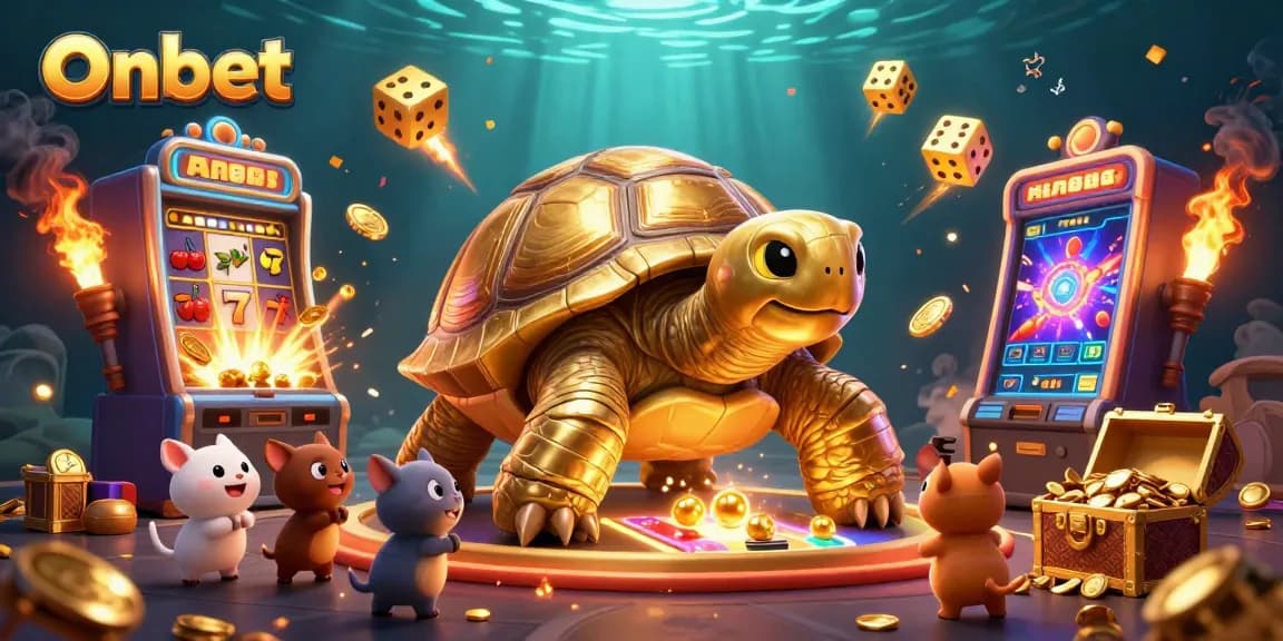 Experience excitement at Onbet with a colossal golden tortoise and thrilling slot machine action.