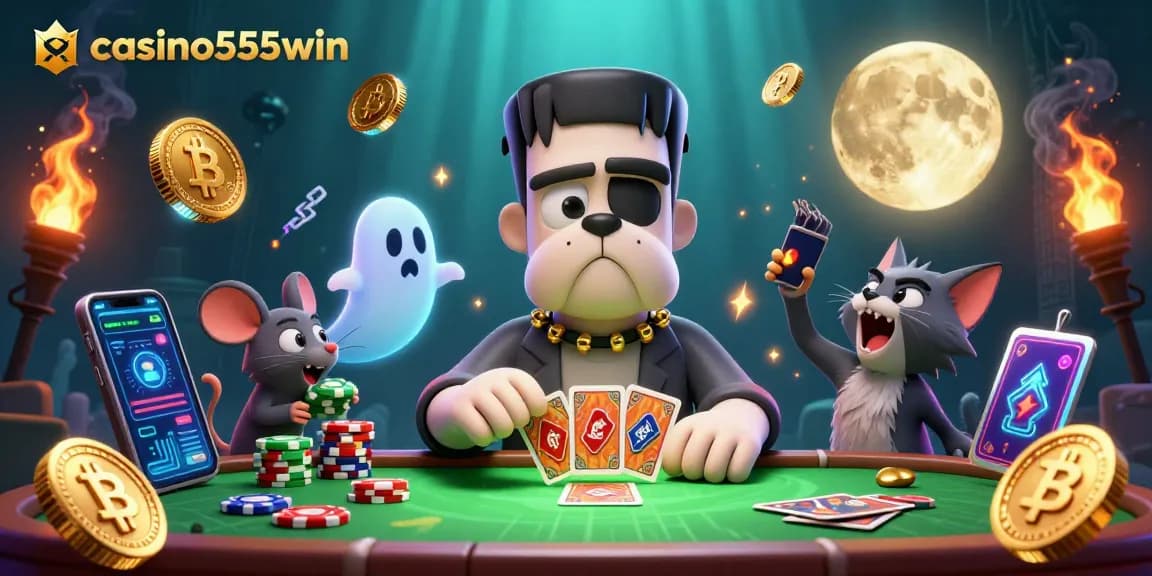 Play thrilling games at casino555win with imaginative characters and vibrant casino elements around a table.