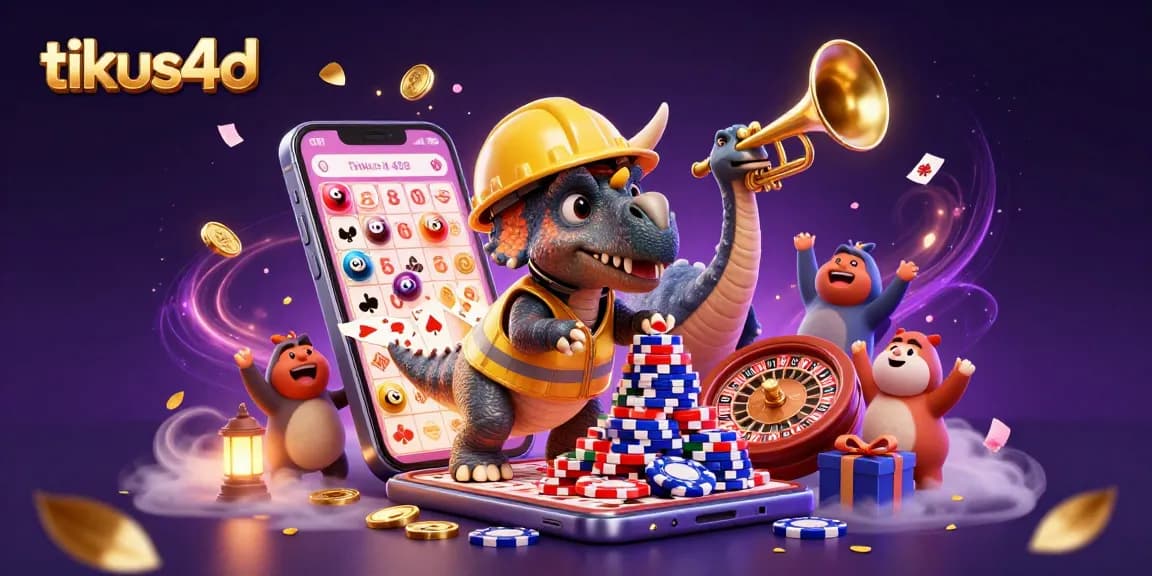 Engage with tikus4d in a vibrant lottery-themed scene filled with colorful elements and dynamic characters.