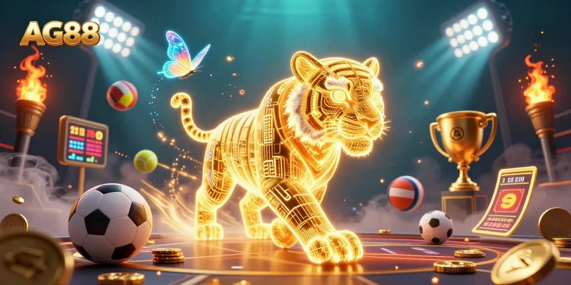 Experience AG88's vibrant digital casino with a captivating golden tiger and sports action!