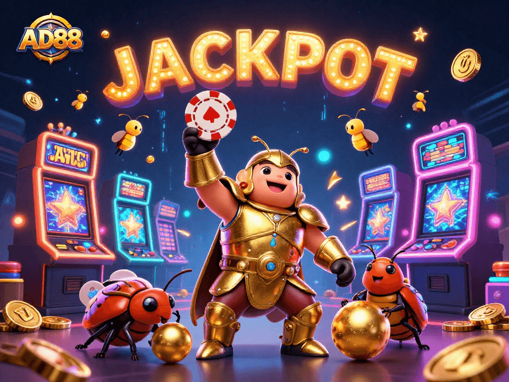 Experience the thrill of AD88 with a beetle hero celebrating a perfect poker win in a vibrant casino