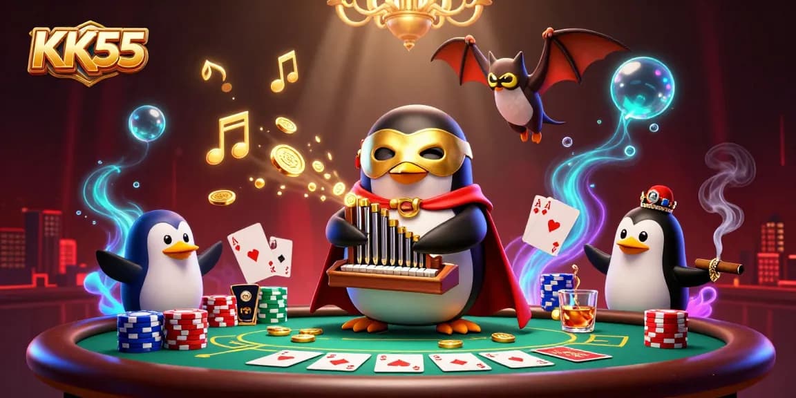 Engage in KK55's thrilling online casino experience with cartoon characters in a vibrant 3D scene.