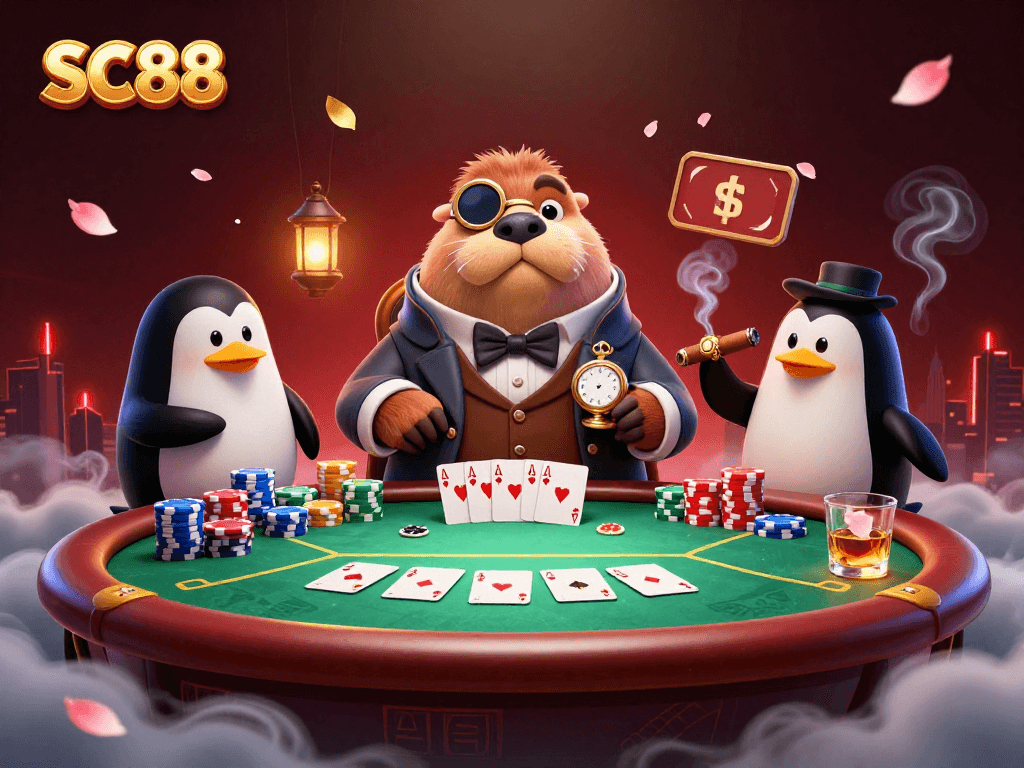 Engage in thrilling poker with SC88 featuring a walrus, penguin dealer, and a bluffing pufferfish.