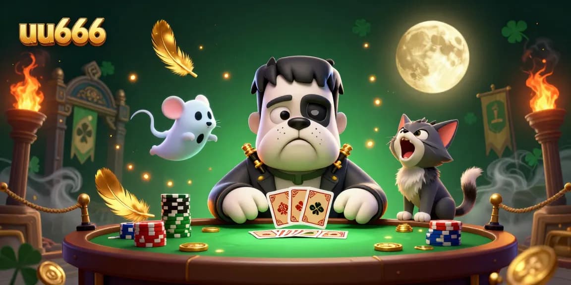 uu666 engages players with a lively card game scene featuring unique characters in a vibrant casino setting.