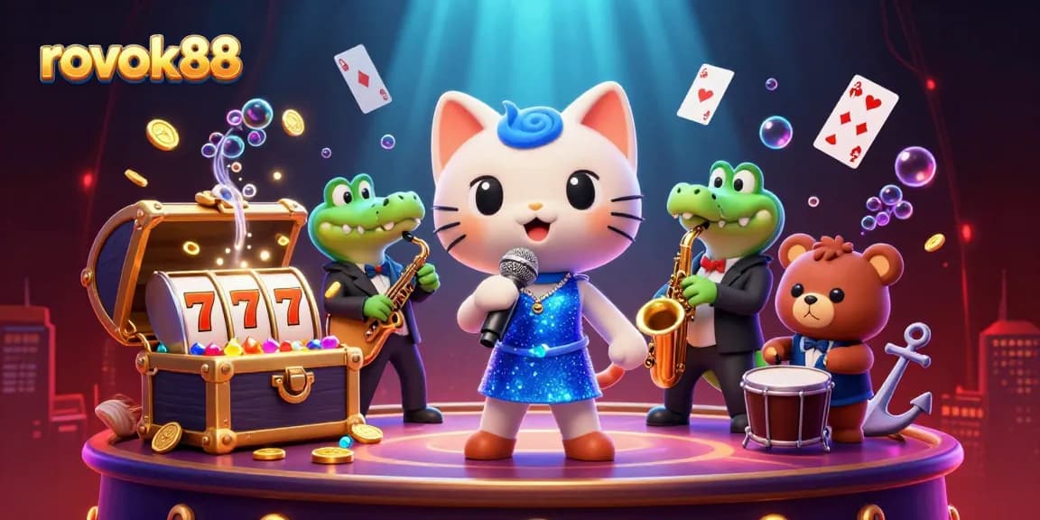 Experience excitement with rokok88 as a singing cat, saxophone crocodile, and drumming bear perform on a vibrant casino stage.