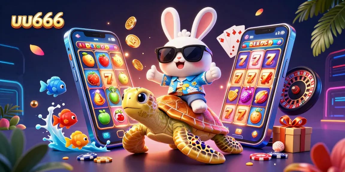 Win big with uu666 as a lucky rabbit rides a gem-encrusted turtle in an energetic casino scene.