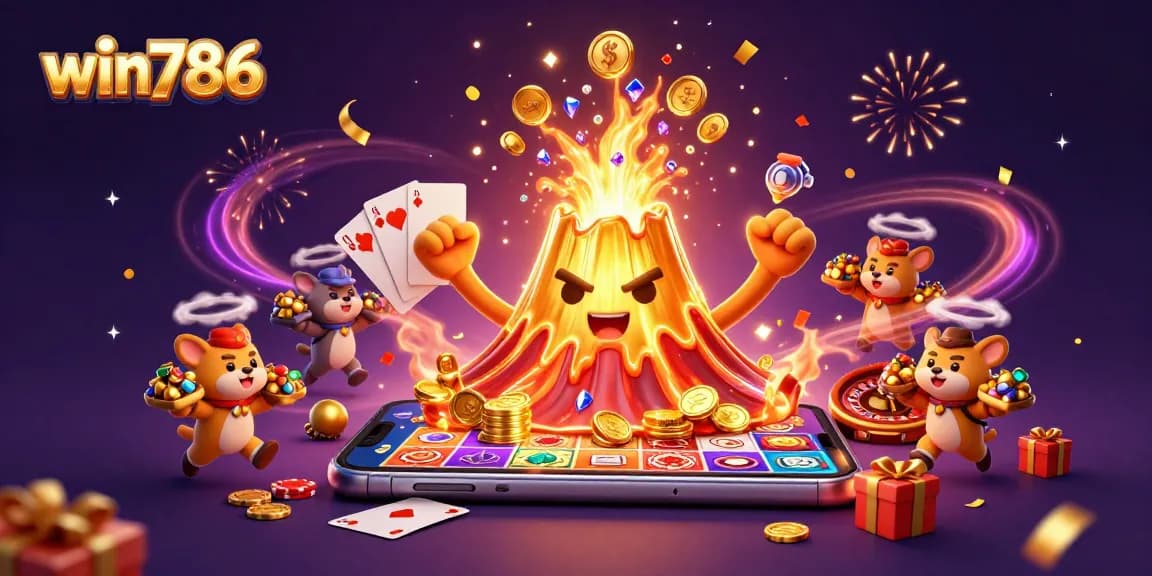 win786 showcases a vibrant scene of a golden volcano erupting with coins, capturing the thrill of online betting.