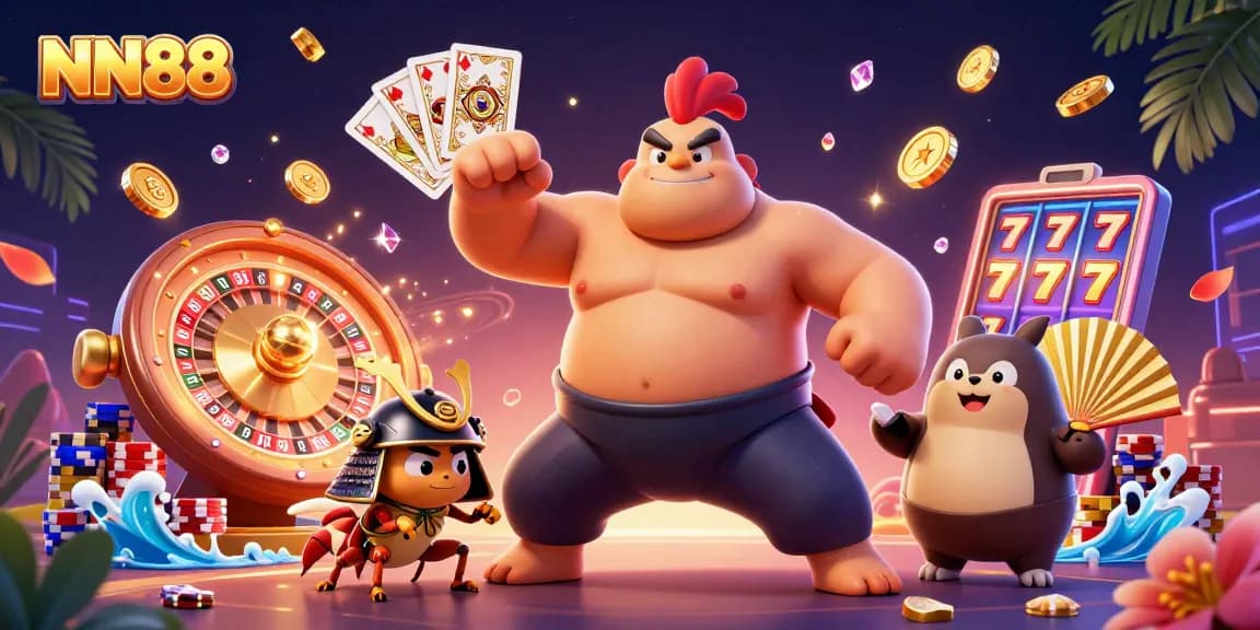 Engage in thrilling gameplay with NN88 featuring colorful casino elements and dynamic characters.