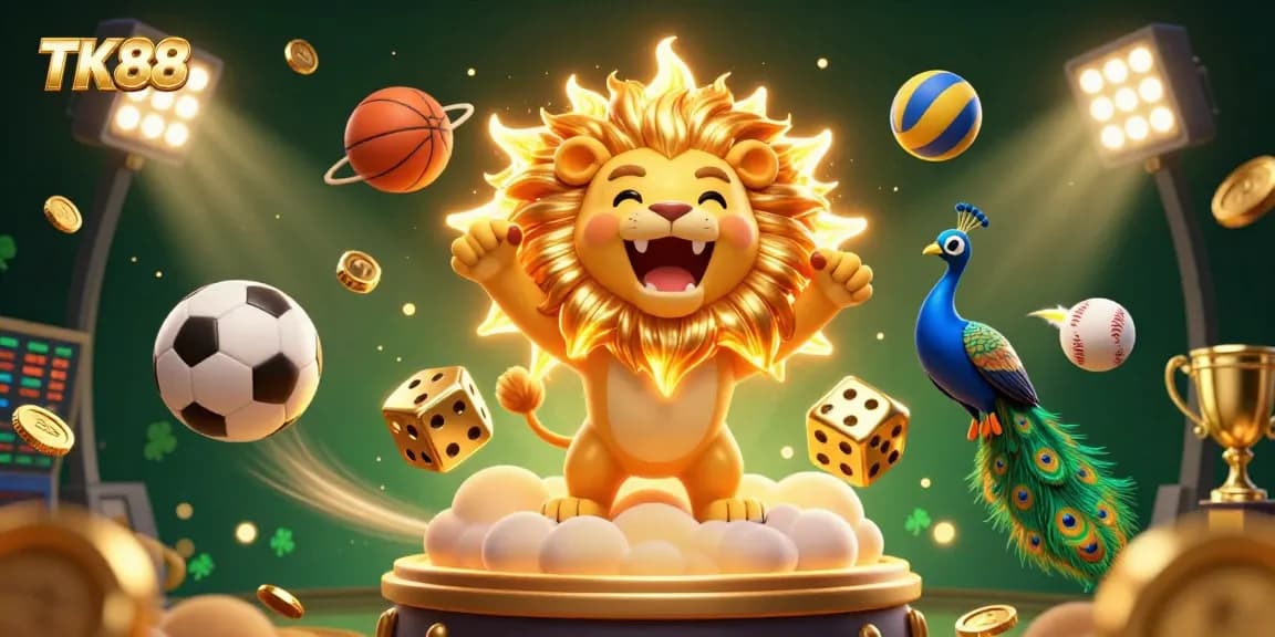 Experience the excitement of TK88 with a vibrant 3D illustration of a roaring lion, golden dice, and sports elements.