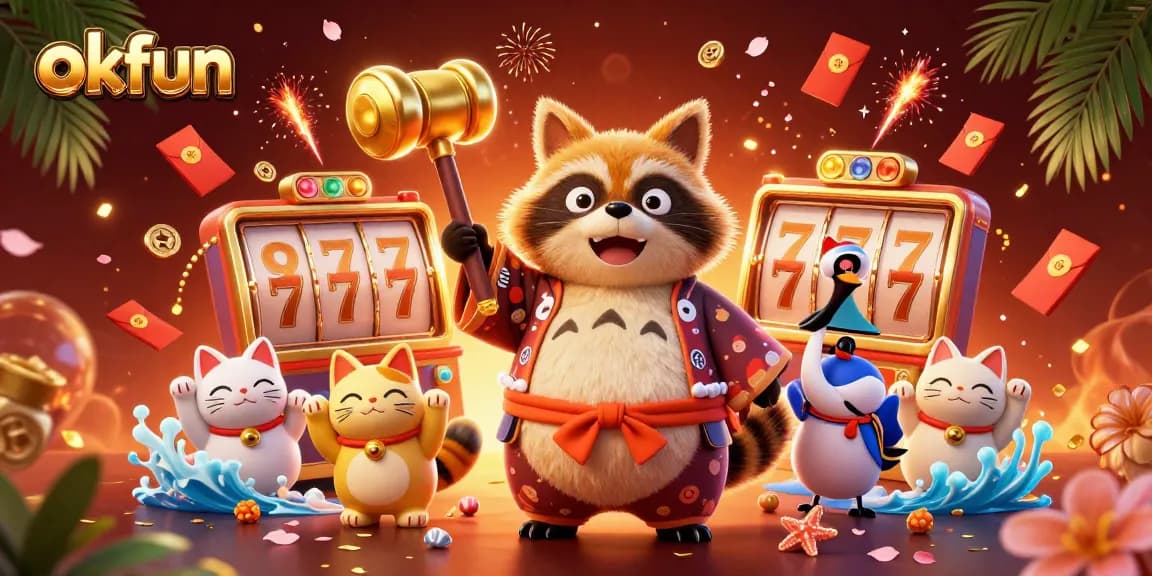 Experience thrilling casino action with okfun as the cheerful tanuki and friends celebrate winning moments.