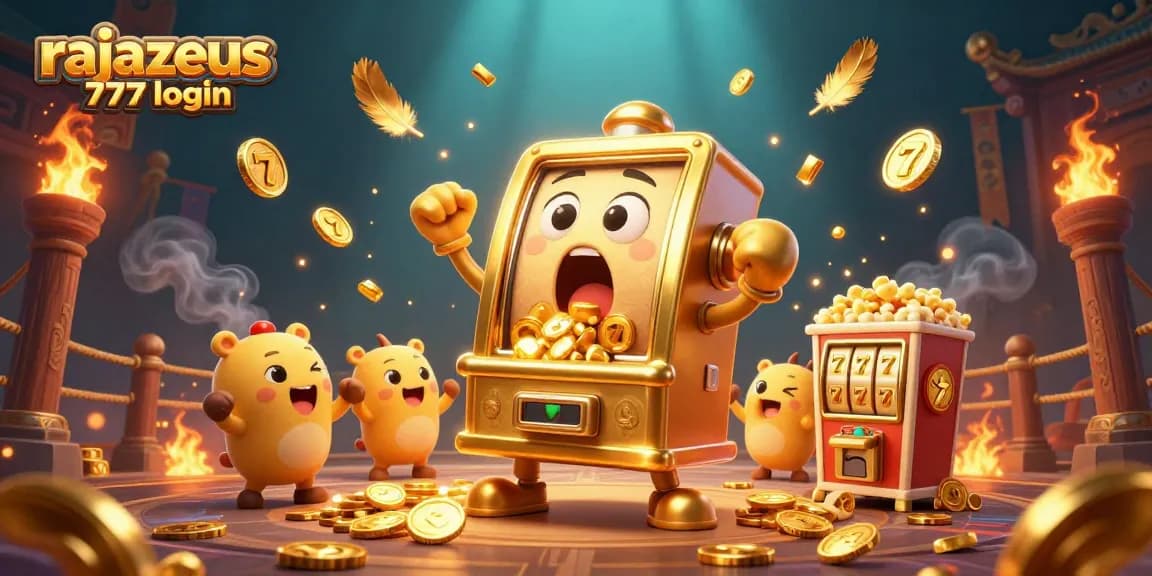 Spin to win with rajazeus 777 login as the golden slot machine hits a jackpot surrounded by cheering slots.