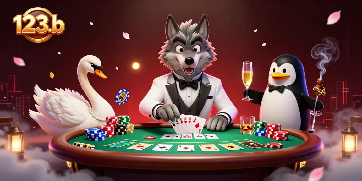 Engage in thrilling games with 123b featuring a stylish wolf, swan dealer, and penguin sommelier.