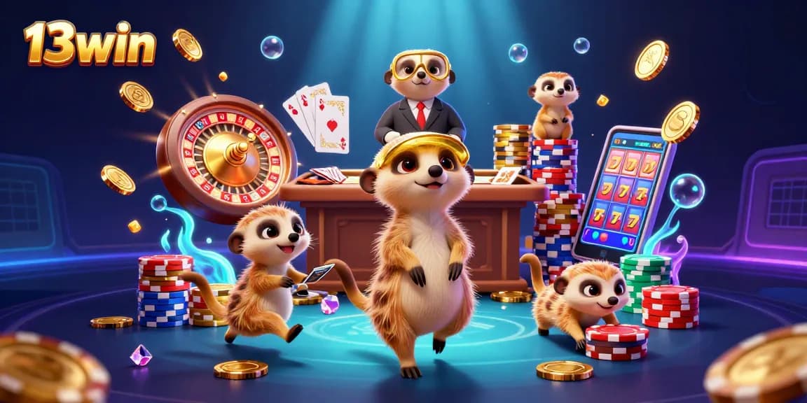 Experience the 13win excitement with a vibrant scene of meerkats managing an elaborate casino operation.