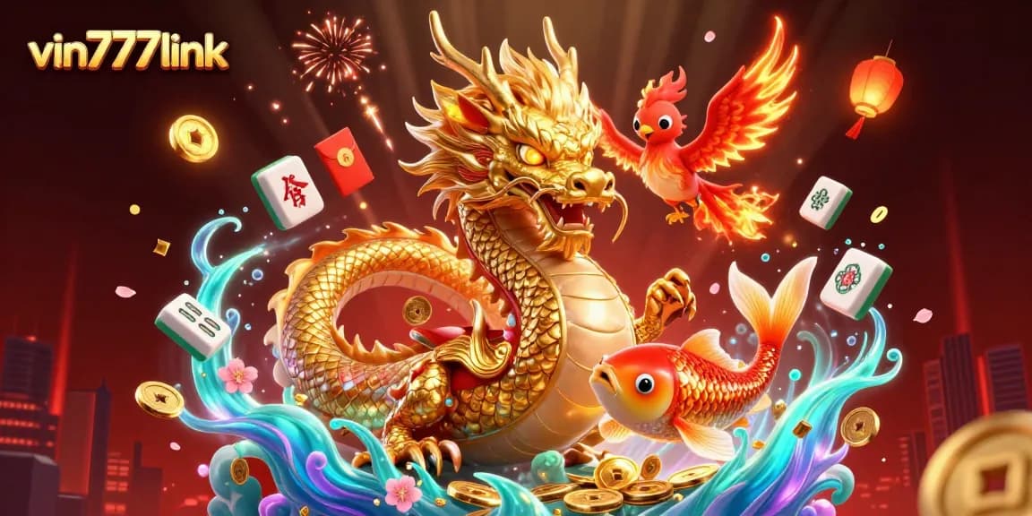 Experience exhilarating gameplay at vin777link with the dazzling dragon, phoenix, and koi fish in a vibrant casino scene.