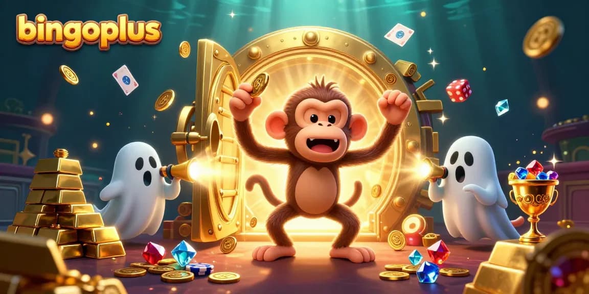 Experience the thrill of bingoplus with a mischievous poltergeist monkey juggling gold in a haunted casino.