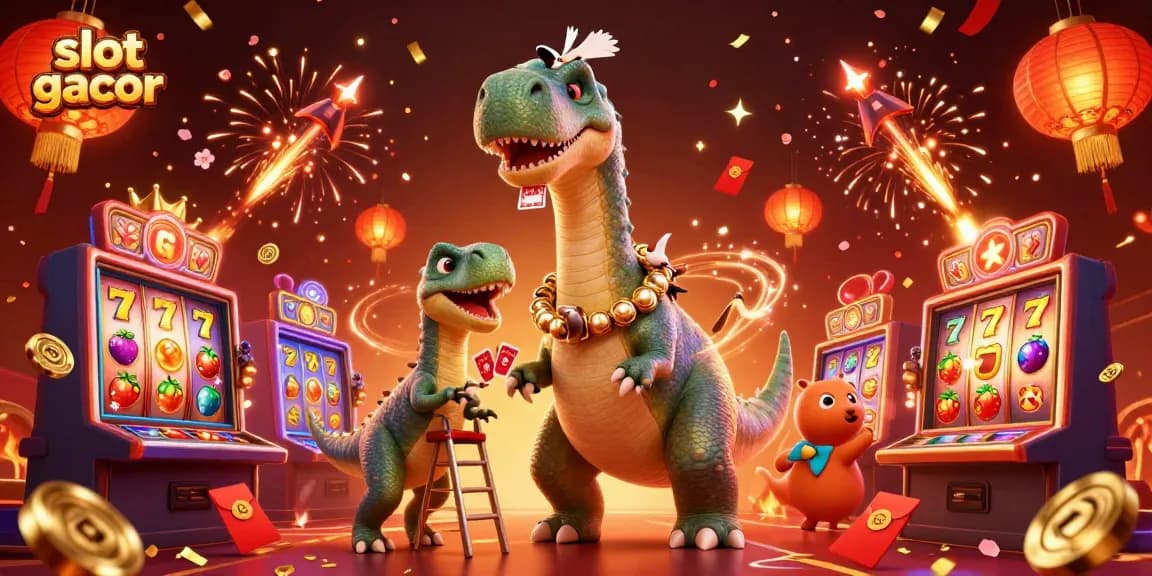 Experience the excitement of slot gacor with towering dinosaur characters amid vibrant casino elements.