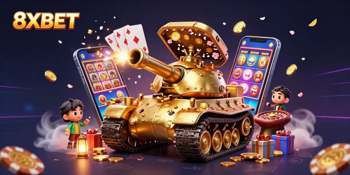 Experience the thrilling atmosphere of 8XBET with a colorful casino illustration and engaging game elements.
