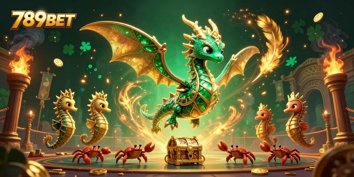 Explore vibrant 789BET gaming action featuring emerald sea dragons and a treasure chest.