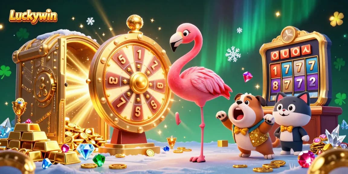 Experience the excitement of Luckywin with a golden prize wheel and adorable characters in a vibrant casino scene.
