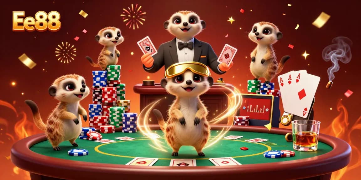 Experience the excitement of Ee88 with unique meerkat characters managing a vibrant casino game scene.