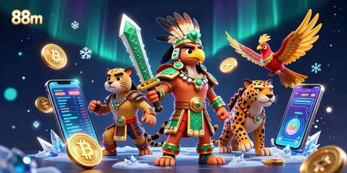 Experience thrilling gaming adventures at 88m with Aztec warriors amidst vibrant crypto elements.